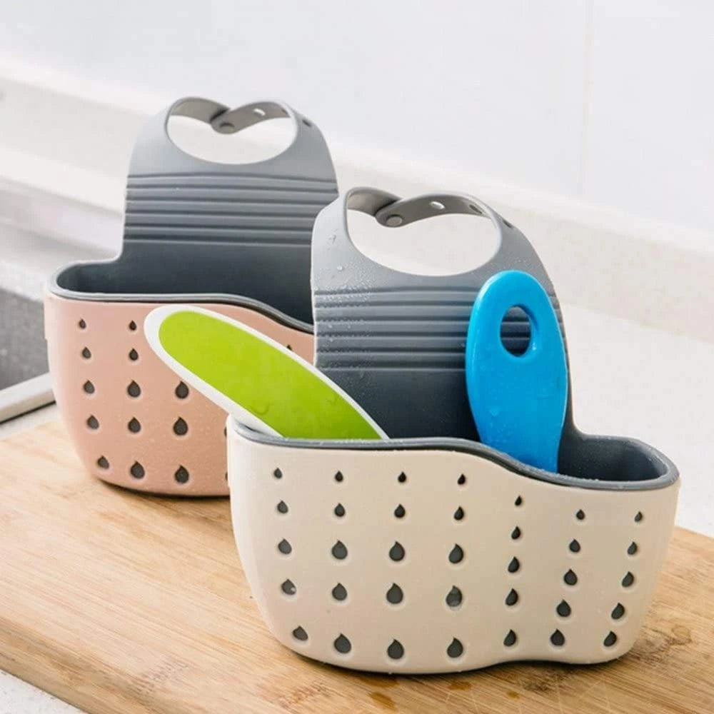SinkTidy™ – Kitchen Sink Sponge Soap Holder Hanging Adjustable Strap Drain Holes for 3