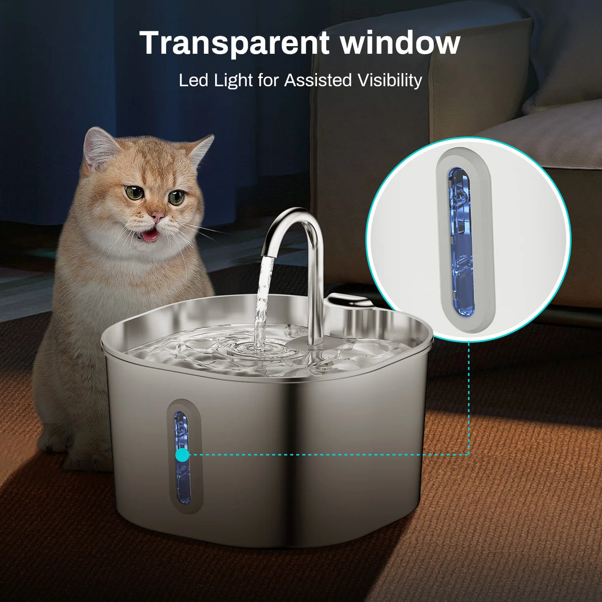 PurrFlow™ – ZYFeeder 2.2L Automatic Cat Water Fountain Square Stainless Steel Pet Water 5