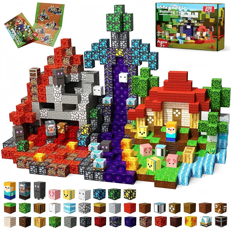 MagniBlocks™ – 100-300pcs Magnetic Tiles Building Blocks Set,My World Figures Bricks, STEM 3