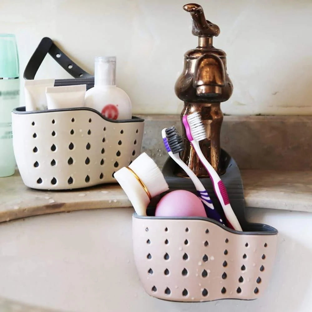 SinkTidy™ – Kitchen Sink Sponge Soap Holder Hanging Adjustable Strap Drain Holes for 4