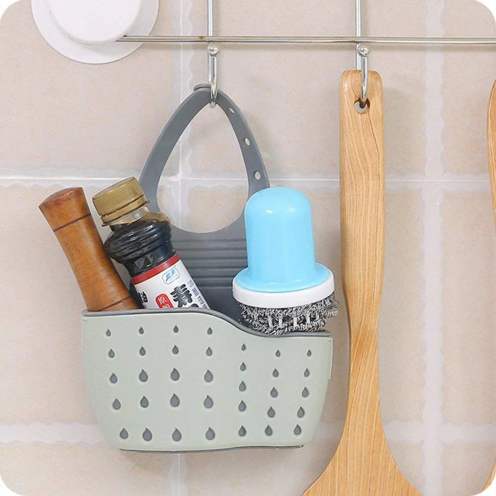 SinkTidy™ – Kitchen Sink Sponge Soap Holder Hanging Adjustable Strap Drain Holes for 5