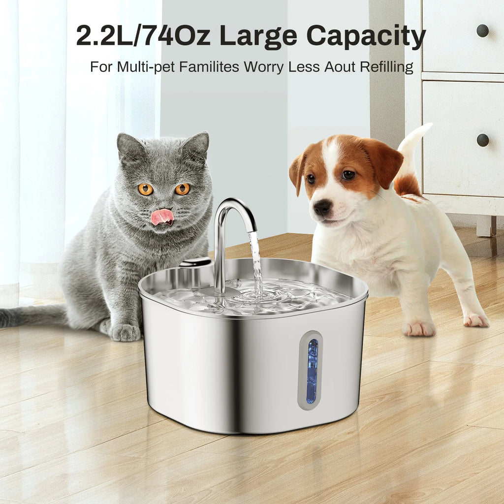 PurrFlow™ – ZYFeeder 2.2L Automatic Cat Water Fountain Square Stainless Steel Pet Water 2