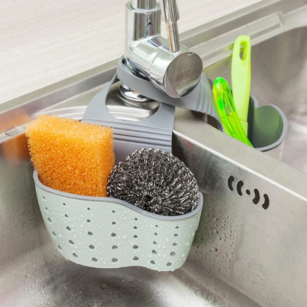 SinkTidy™ – Kitchen Sink Sponge Soap Holder Hanging Adjustable Strap Drain Holes for 6