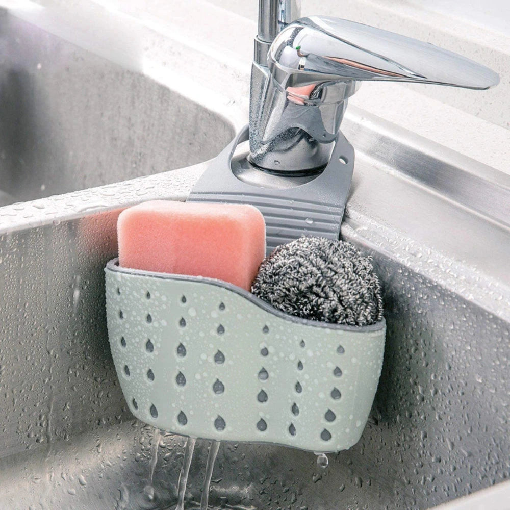 SinkTidy™ – Kitchen Sink Sponge Soap Holder Hanging Adjustable Strap Drain Holes for