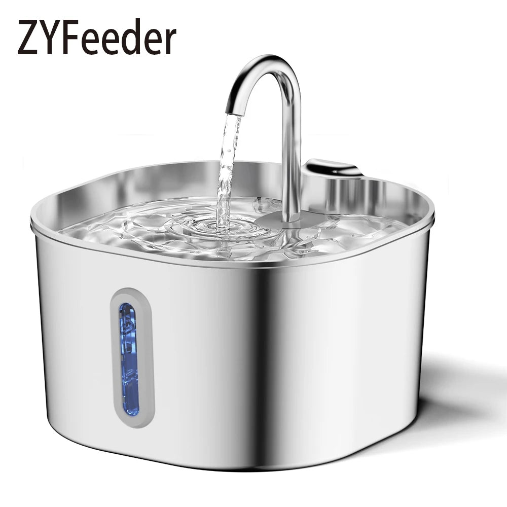 PurrFlow™ – ZYFeeder 2.2L Automatic Cat Water Fountain Square Stainless Steel Pet Water