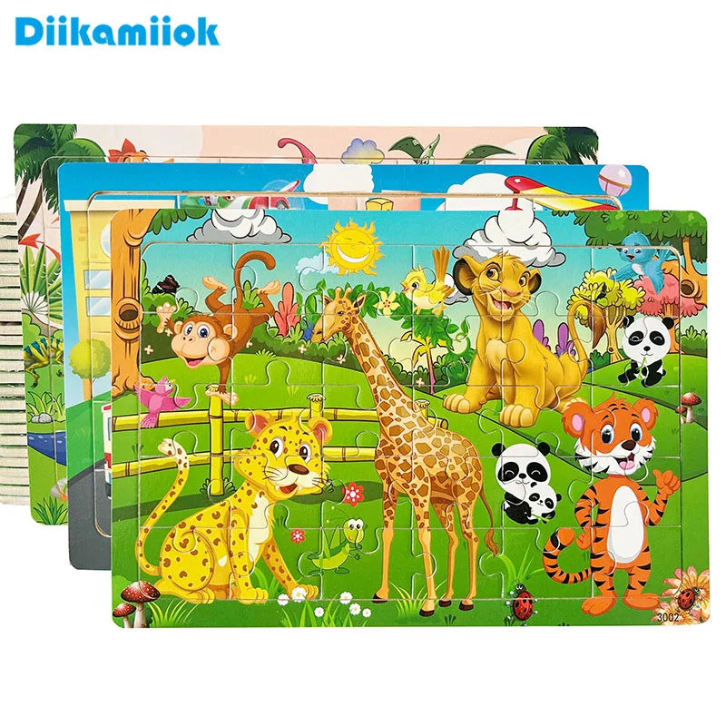 WoodPlay™ – 30 Pieces Wooden Jigsaw Puzzle Kids Cartoon Animal Vehicle Puzzles Games