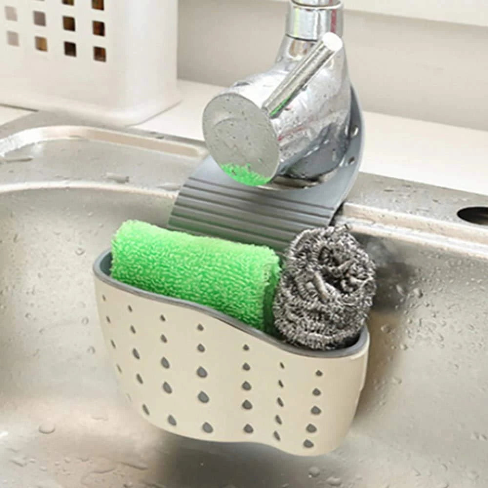 SinkTidy™ – Kitchen Sink Sponge Soap Holder Hanging Adjustable Strap Drain Holes for 2