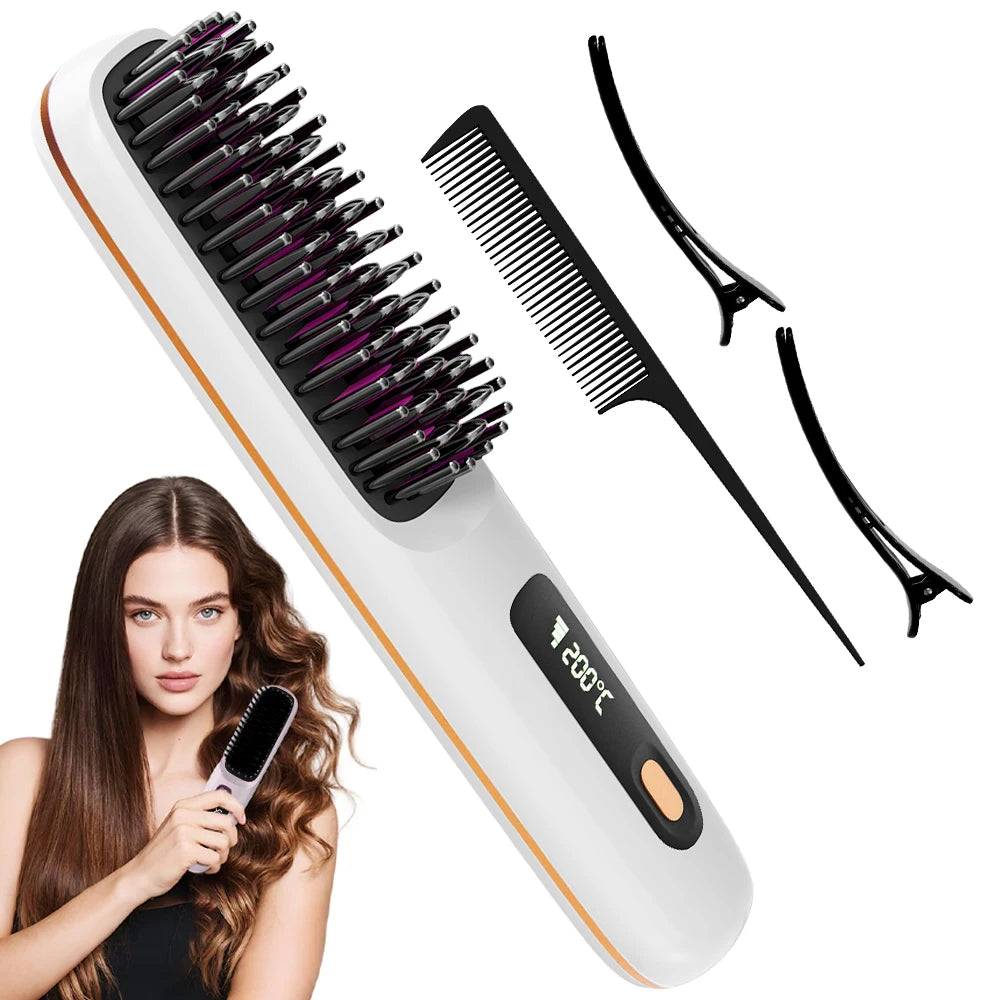 SleekBrush™ – Cordless Rechargeable Hair Straightener Brush, Negative Ions Hair